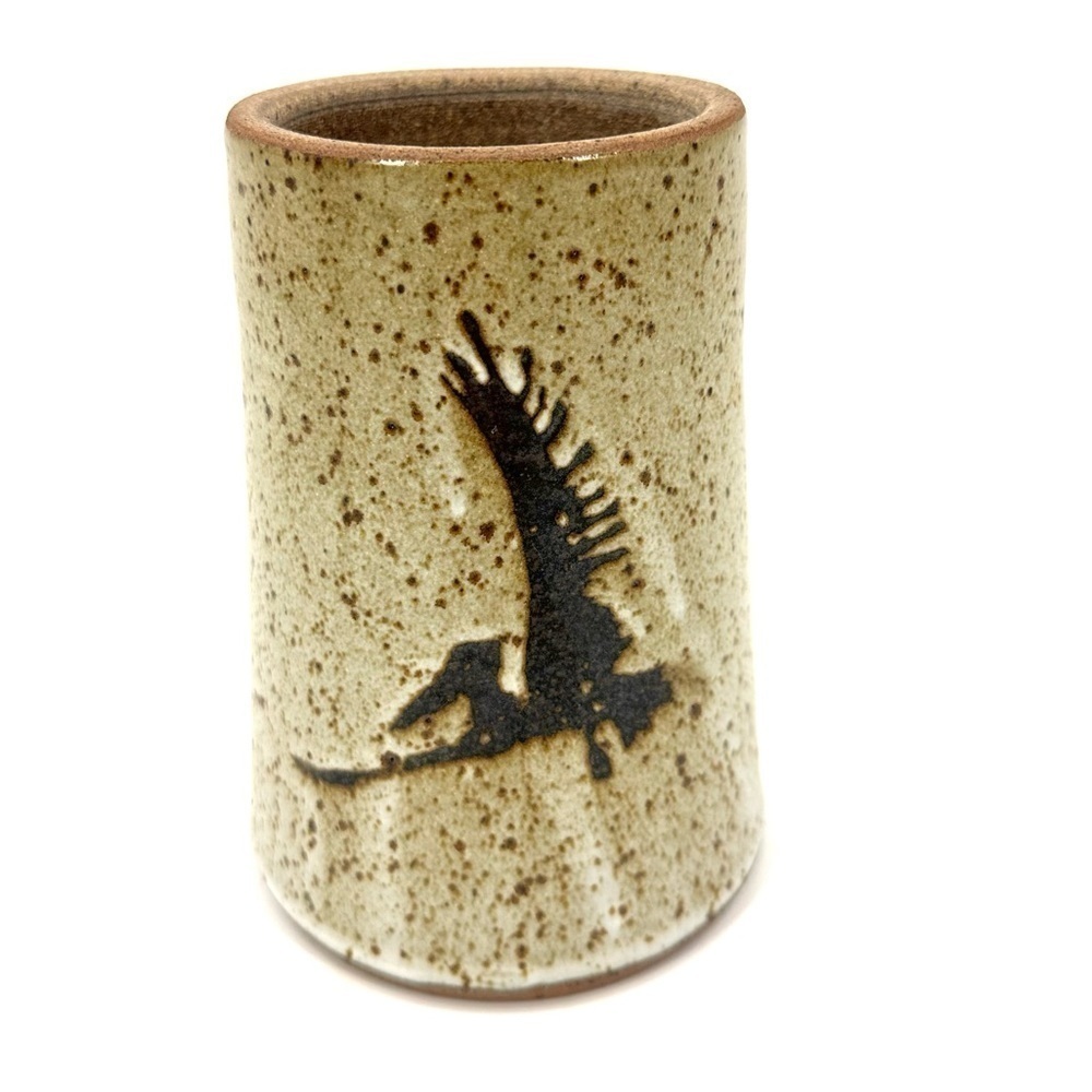 Signed Pterodactyl Art Pottery Vase Cylinder Dinosaur Bird Speckle Glaze